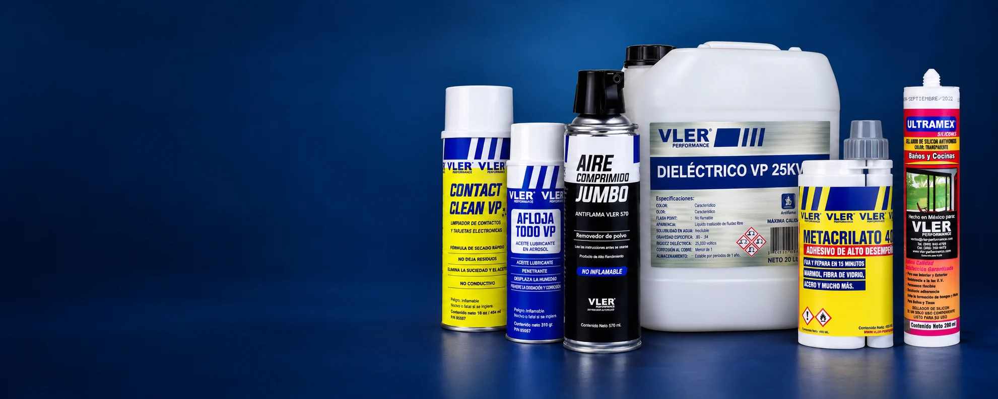 Productos VLER Performance: Contact Clean VP, Afloja Todo VP, Aire Comprimido Jumbo, Dieléctrico VP 25 kV, Metacrilato 420 y Silicón Antihongos Ultramex