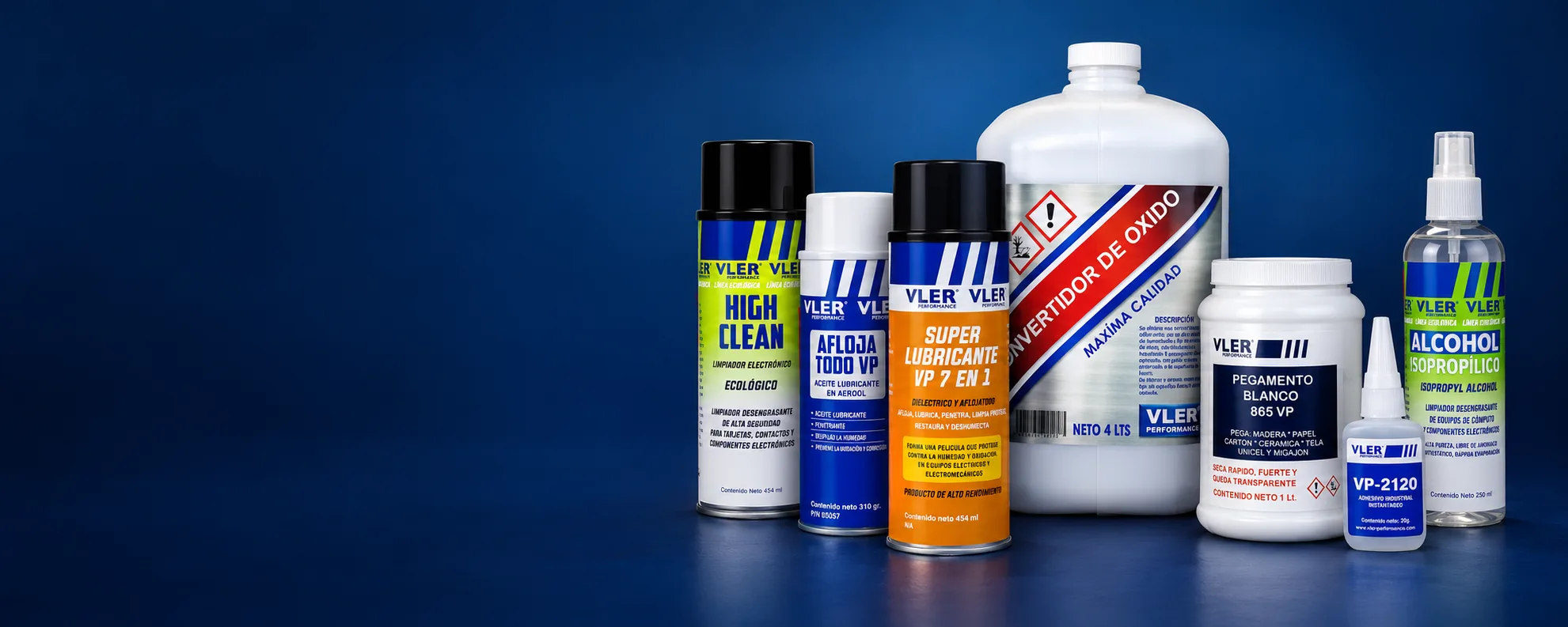 Productos VLER Performance: High Clean, Afloja Todo, Super Lubricante, Convertidor de Óxido, Pegamento Blanco, VP-2120 y Alcohol Isopropílico